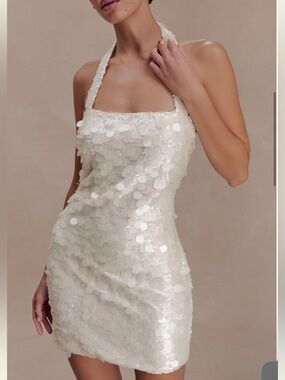 Meshki Caralee White Sequin Halter Mini Dress